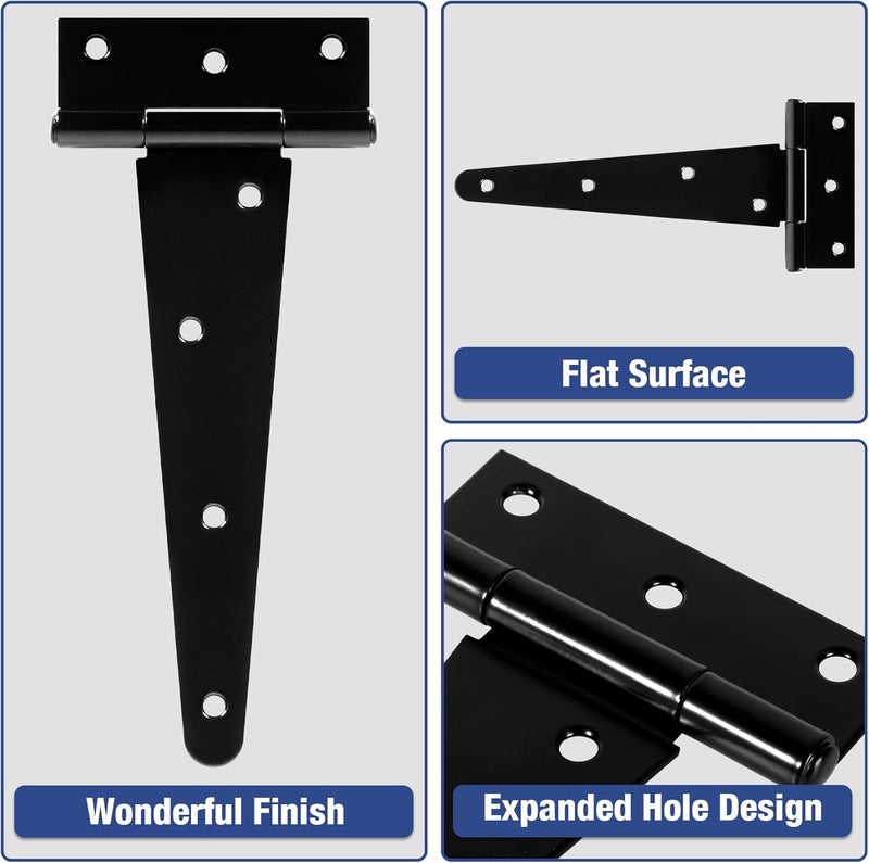 TDCHINGES 8 Inch Heavy Duty T Strap Tee Hinge 6 Pack Barn Farm Fence Gate Door Hinges for Shed Doors Outdoor Kitchen Wood Cabinet Interior Exterior Window Bar Shop Matte Blake Door Hinge Hardware Kit - Image 3